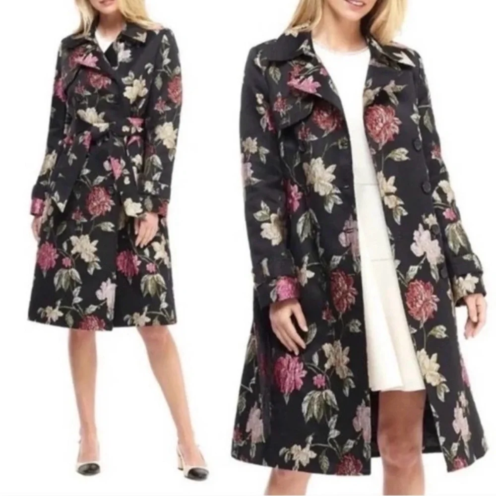Gal Meets Glam Dominique‎ Coat Size Medium Floral Embroidered Longline Belted